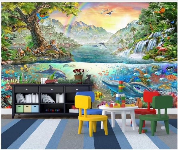 photo personalizzato sfondi per pareti 3d murali sfondo colorato delfino mare cartone animato tigre Forest Park camera sfondo carte da parati per bambini