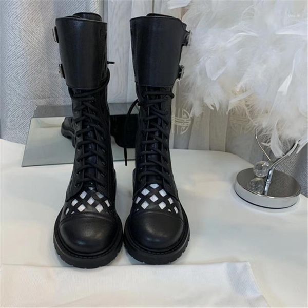 

boots solid color knee mesh buckle lace-up high boot genuine leather fashion shoes round toe warm winter1, Black