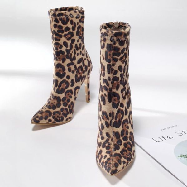 

2021 autumn winter leopard woman shoes pointed toe thin high heels flock women boots1, Black