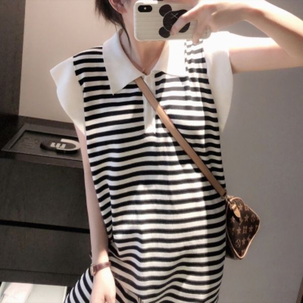 

hwush flying sleeve loose dressdress dressice silk knitted dress collar and white 2lf4j polo striped casual loose skirt 2020 summer new blac
