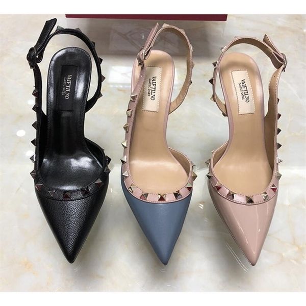 

2020 brand v right lo go pointed toe with studs high heels genuine leather rivets sandals women rivet dress shoes 1007, Black;white