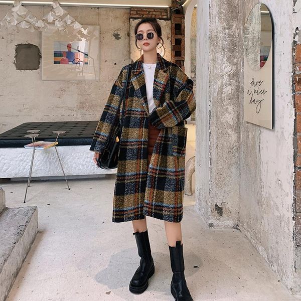 

women's wool & blends autumn winter 2021 female contrast color plaid woolen coats loose casual all-match thickened warm womens long ove, Black