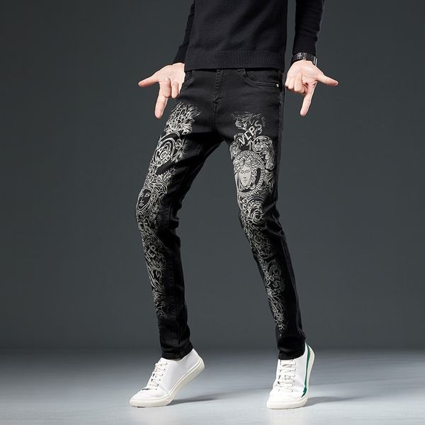 

jjgqq men's jeans br fashion autumn youth fashion trend korean version slim feet print beauty jeans and jeanspants and jeanshead black, Blue
