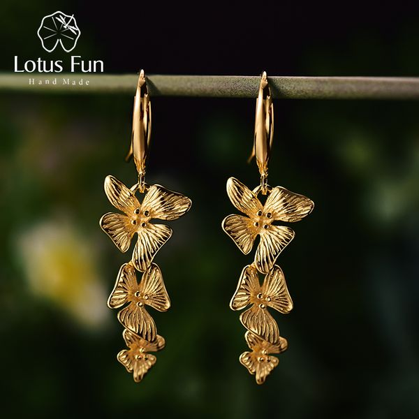 

lotus fun real 925 sterling silver original handmade fine jewelry 18k gold triple flowers fashion drop earrings for women gift cx200707