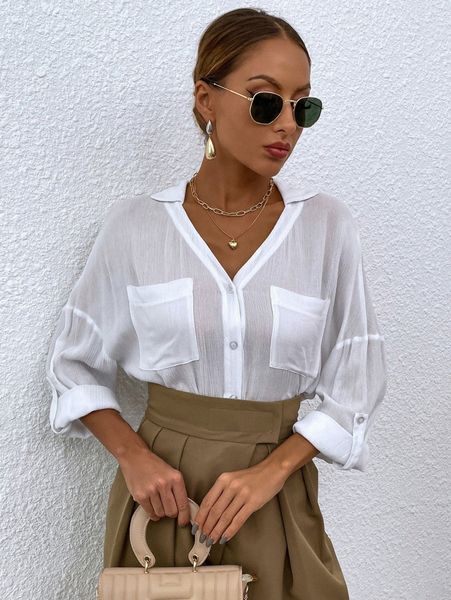 

roll tab sleeve pocket patched blouse z80o#, White