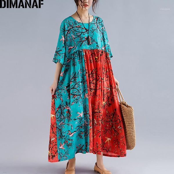 

dimanaf plus size women maxi dress summer beach sundress linen female vestidos elegant lady loose print floral big size 5xl 6xl1, Black;gray