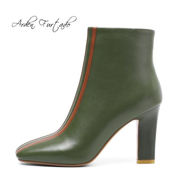 

Arden Furtado Fashion Women's Shoes Winter Square Head Sexy Elegant Ladies Zipper green chunky heels ankle Boots genuine leather, Black