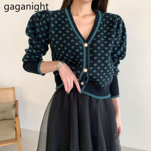 

women's knits & tees gaganight vintage women polka dot sweater fashion knitted slim outwear autumn winter cardigan puff long sleeve ka, White
