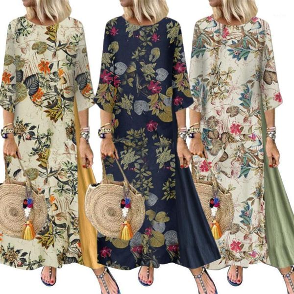 

plus size women 3/4 sleeve o neck floral leaves print stitching loose maxi dress (-5xl)1, Black;gray