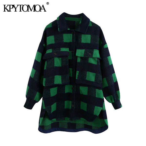 

kpytomoa women fashion oversized woolen plaid jacket coat vintage long sleeve pockets asymmetric female outerwear chic 201026, Black;brown