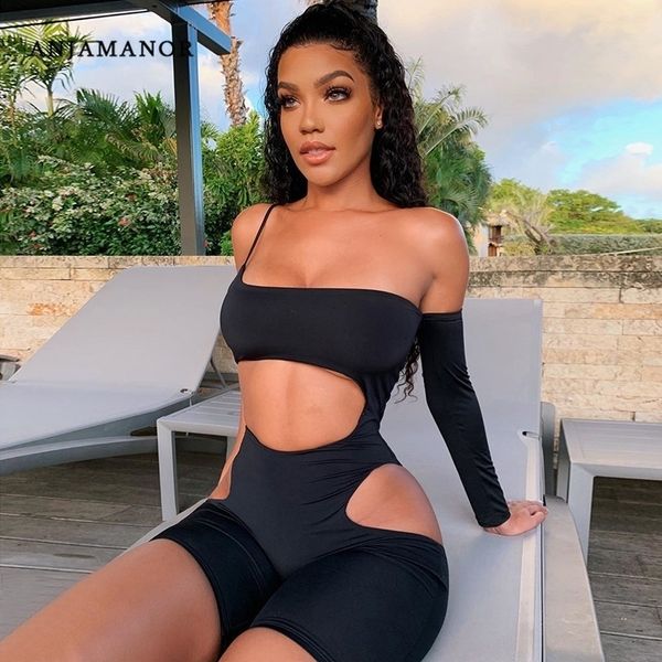 

anjamanor black bodycon jumpsuit women summer club outfits one shoulder cutout biker shorts romper playsuit d83-i51 y200822, Black;white