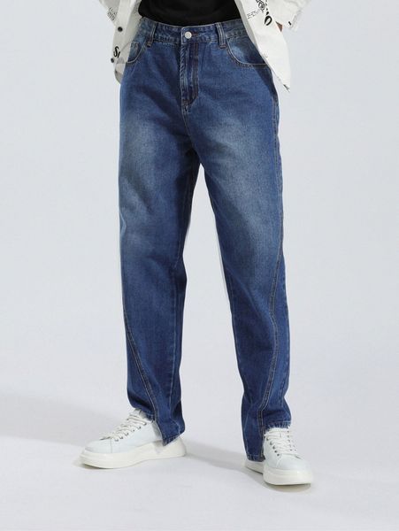 

men bleach wash asymmetrical hem tapered jeans s1hu#, Blue