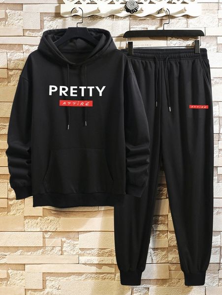

men letter graphic drop shoulder drawstring hoodie & sweatpants 843q#, Gray