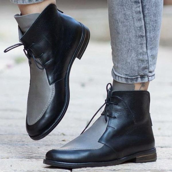 

adisputent nice ankle boots women platform lace up buckle shoes thick heel short boot ladies casual footwear fashion, Black