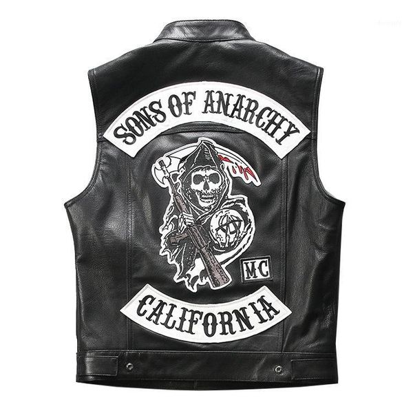 

2020 genuine leather vest skull embroidery sheepskin vest summer brand waistcoat sleeveless jackets for male1, Black
