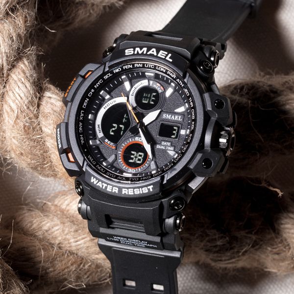 

2020 sport watch for men new dual time display male clock waterproof shock resistant wristwatch digital 1708 military watch men, Slivery;brown