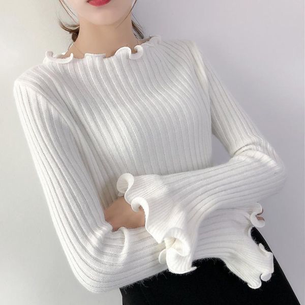 

women's sweaters flared sleeve t-shirt long bottom sweater autumn slim ruffle top, White;black