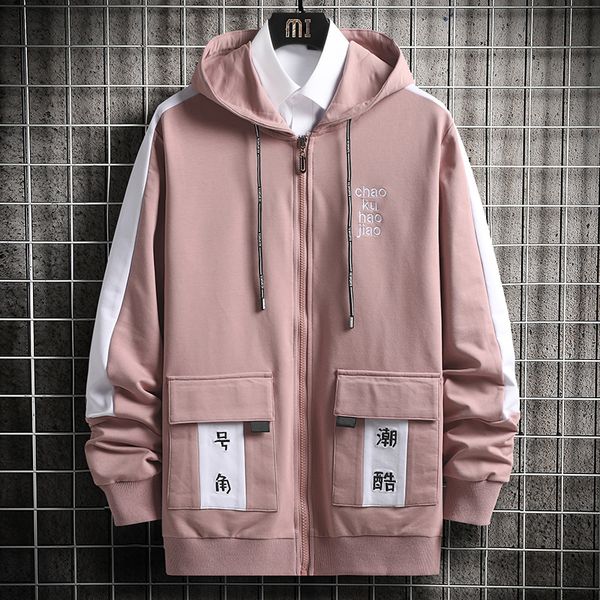 

mens sweatshirt men 2020 patchwork zipper coat oversized japanese streetwear harajuku sweatshirts pink hoodie men, Black