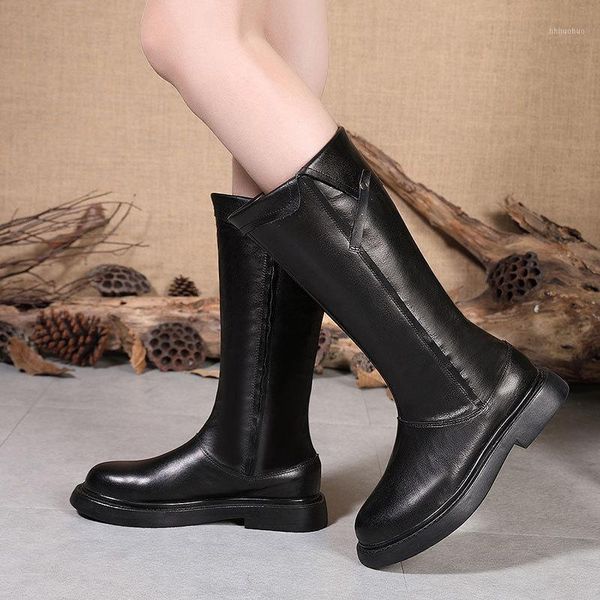 

boots swonco genuine leather knee high for women riding boot 2021 winter warm plush fur snow black shoes tall boot1