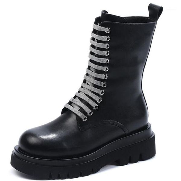 

women genuine leather lace up ankle boots woman shoes casual black platform single boots female fashion autumn botas mujer kl6581