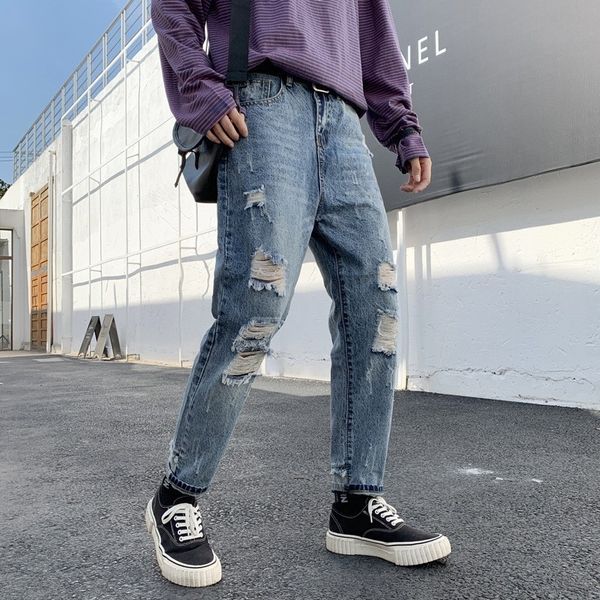 

ejuoq rongshun spring men's pants nine point jeans korean fashion pants fit loose fit casual tattered with casual slim jeansjeans f jea, Blue