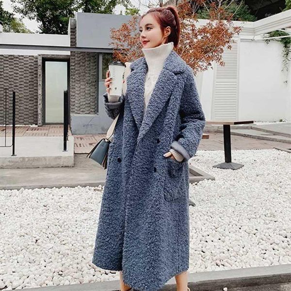 

alpaca coat long sleeve turn down loose woolen coat women 2019 new winter particle fleece double breasted pocket alpaca1, Black