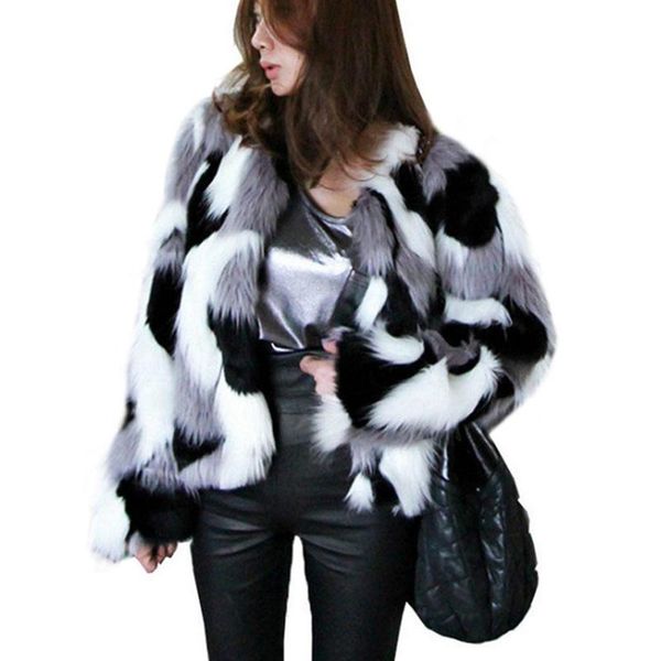 

winter new imitation fur jacket coat big size women's loose round neck short ladies mixed color coat size xs-6x outerwear 7f1373, Black