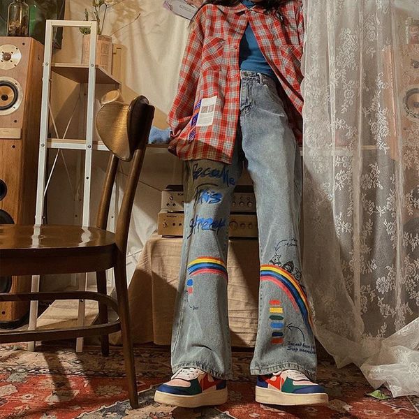 

harajuku high waist jeans women casual loose streetwear rainbow cartoon letters print wide leg denim pants school girls wild, Blue