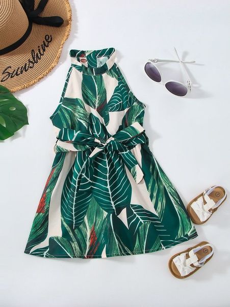 

little girl's tropical pattern neck girdle dress she, Red;yellow