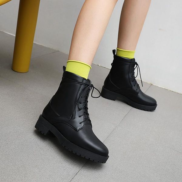 

boots ymechic autumn winter punk goth womens shoes lace up chunky heels black female cross tied biker combat ankle 34-43