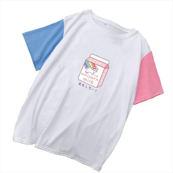 

women mulicolor patchwork cotton t shirts summer new casual tee shirt femme streetwear harajuku kawaii cartoon unicorn milk, White