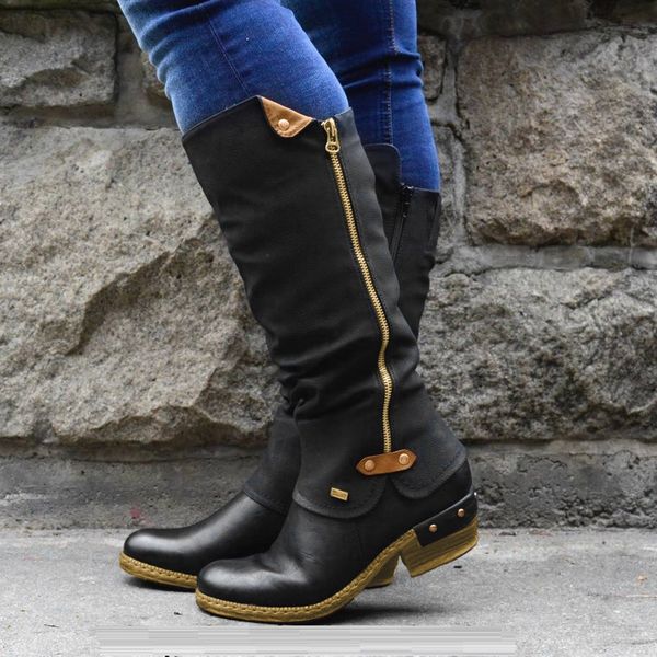 

boots 2021 winterautumn women mid-calf fashion zipper woman round toe flat female puleather shoes lady boot 35-43, Black