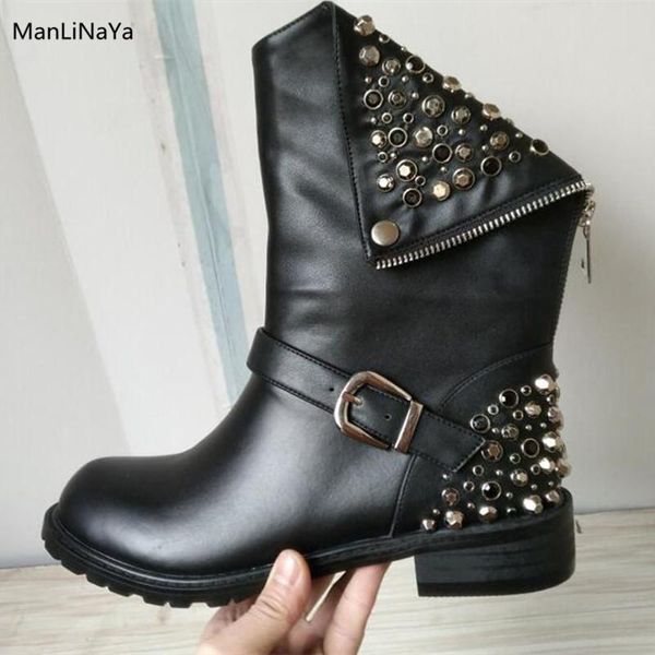 

buckle belt rivet decor women punk boots genuine leather metal black rhinestone women martin boot cool style motorcycle boots