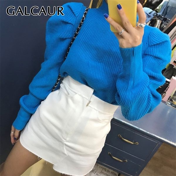 

galcaur korean ruched knitted women's sweaters o neck puff long sleeve oversize pullover sweater female 2020 autumn fashion new lj20101, White;black