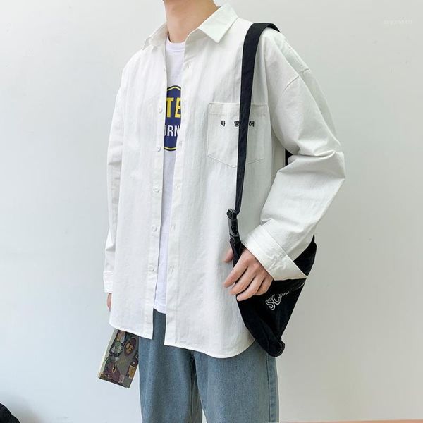 

new men's fashion casual long sleeve shirt youth pure color shirt trend loose large size cotton1, White;black