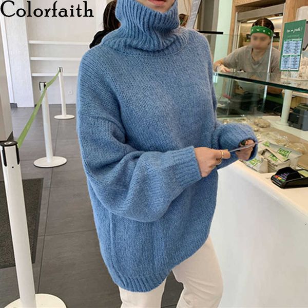 

colorfaith new 2021 autumn winter women sweaters pullovers turtleneck solid knitted korean oversize casual knitwear t200910, White;black