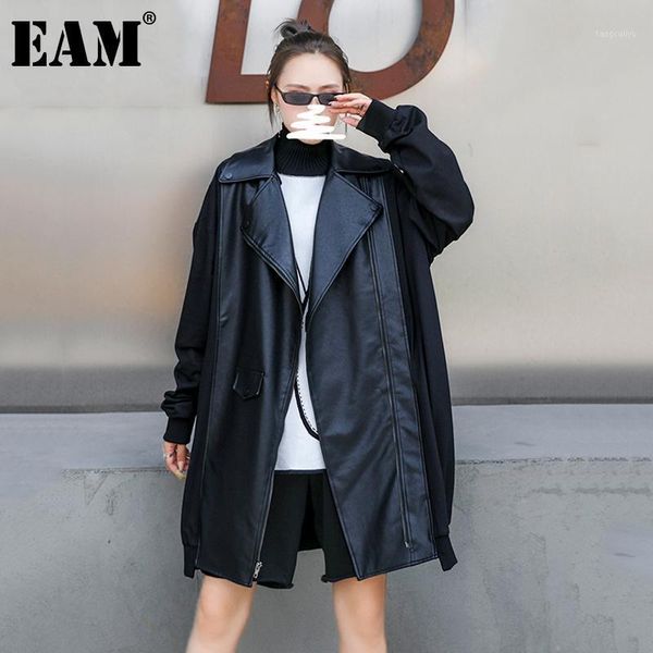 

eam] loose fit black pu leather big size long jacket new lapel long sleeve women coat fashion tide spring autumn 2020 1db8731, Black;brown