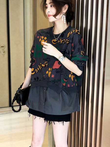 

western style printed pullover sweater for women's loose and fake two piece top, Black