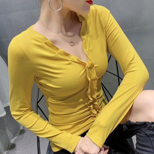 

new 2021 autumn long sleeve woman tshirts fashion casual solid color women t-shirt v-neck solid color women blusas, White