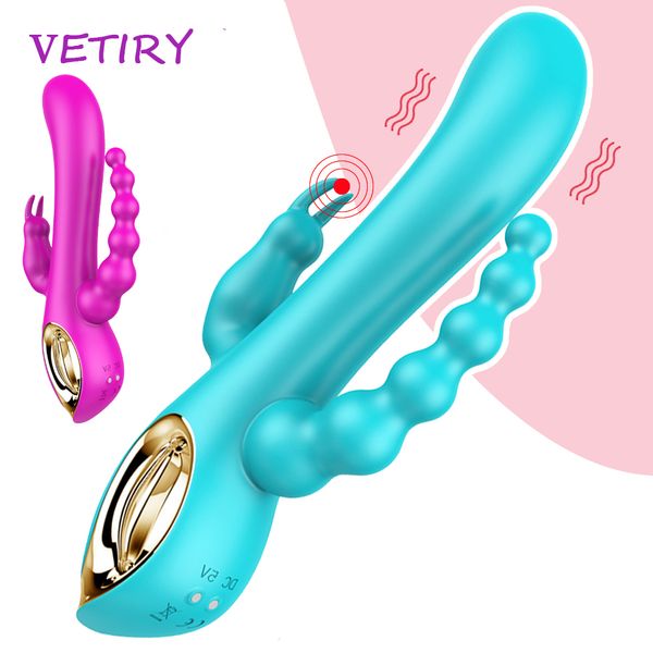 Vetiry dildo vibrador brinquedos sexy para mulheres g-spot massager clitóris vagina anal estimulador anal masturbador feminino vibração tripla