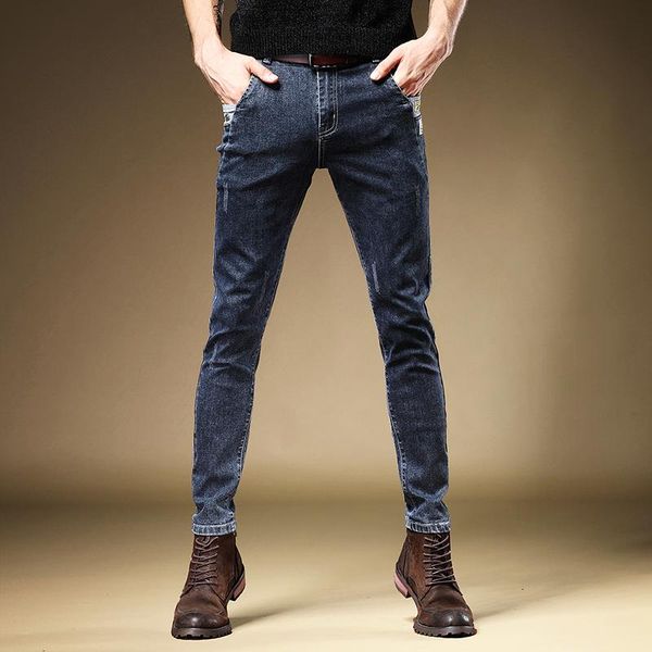 

fashion men jeans blue gray pencil pants streetwear slim fit denim trousers