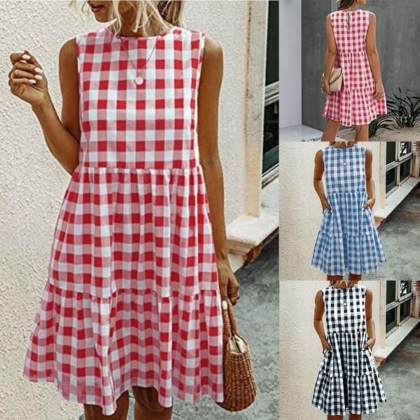 

summer women dress plaid sleeveless casual sundress a line loose swing dress o-neck beach korean style vestido navidad mujer, Black;gray