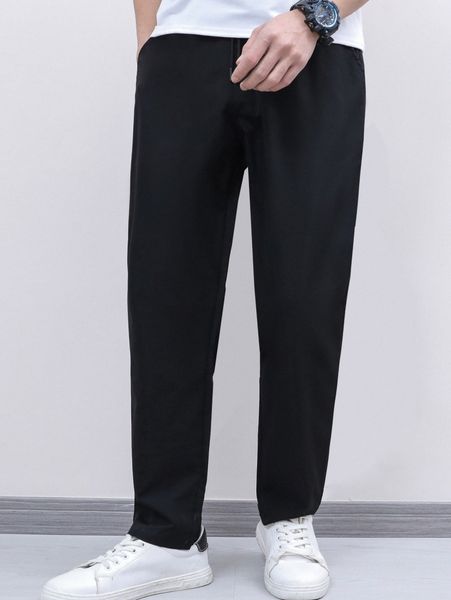 

men drawstring waist slant pocket pants p6cg#, Black