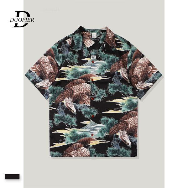 

2019 new men shirts short sleeved summer casual trend male beach hawaiian shirt chinese eagle printing loose hip hop clothes, White;black