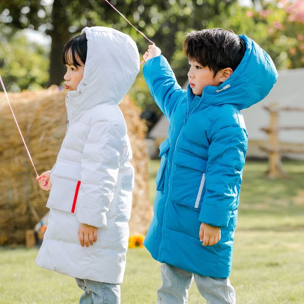 

egg house new autumn / winter 2020 children's mid down jacket korean thickened long solid color coat for children, Blue;gray