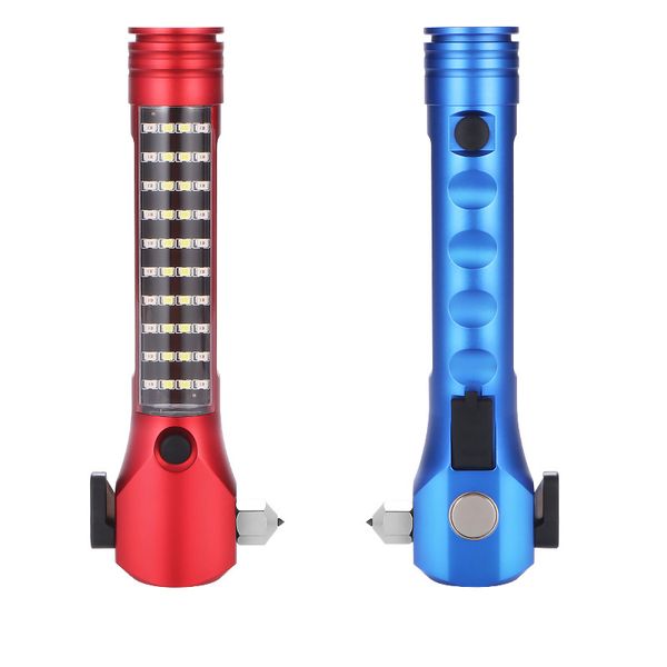 

solar led flashlight with hammer belt cutter car rechargeable emergency alarm