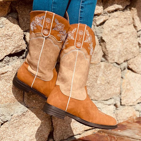 

new embroidery botas mujer women boots cowboy ankle boots woman wedge high heel western cowgirl 2020 fashion shoes, Black