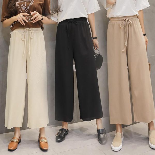 

women summer thin knit trousers 2019 casual trouser elastic waist pants black wide leg loose solid plus size pants wijde broek1, Black;white