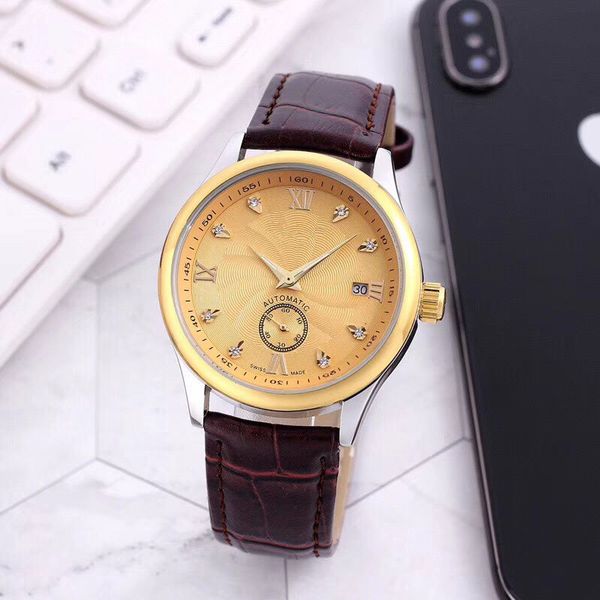 

new style mens wristwatches mechanical automatic watches leather strap small dial works 38mm diamond dial watch for men, Slivery;brown