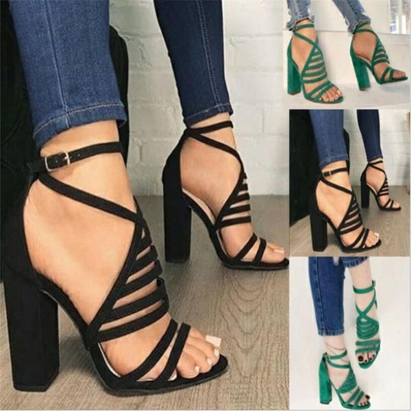 

women sandals lady high heels design women's cross strap bandage shoes lady party female ankle strap flock 2021 summer, Black